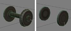 In the distance, the wheels do not need as many triangles in them (right)